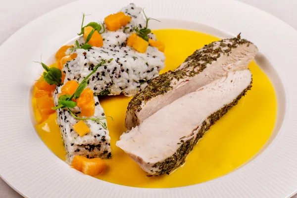 A plate of meat with smooth puree, GENTLE DIET program